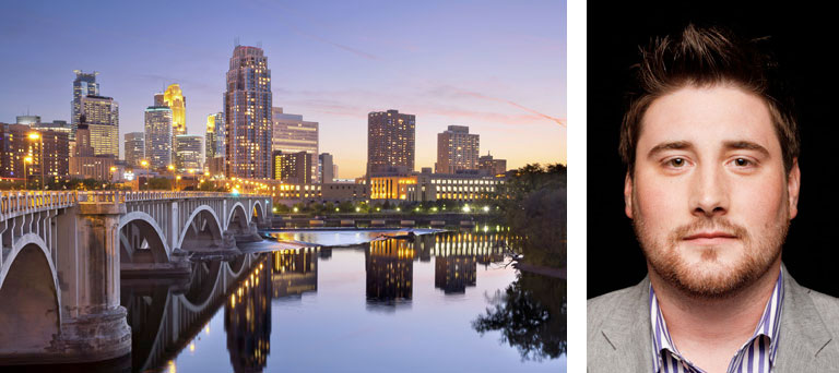 A bridge and city buildings & a separate headshot image of Brenton Hayden, Renters Warehouse CEO.