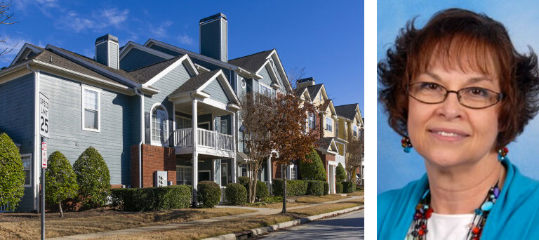 Housing units near a road & a separate headshot image of Connie Miller of MK Property Management.
