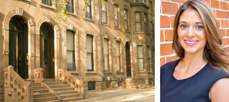 An exterior of a brownstone & a separate headshot image of Alexandria Calukovic of OCF Realty, LLC.