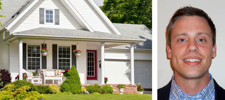 A white house with porch & a separate headshot image of Derek Dawson of Dawson Property Management.