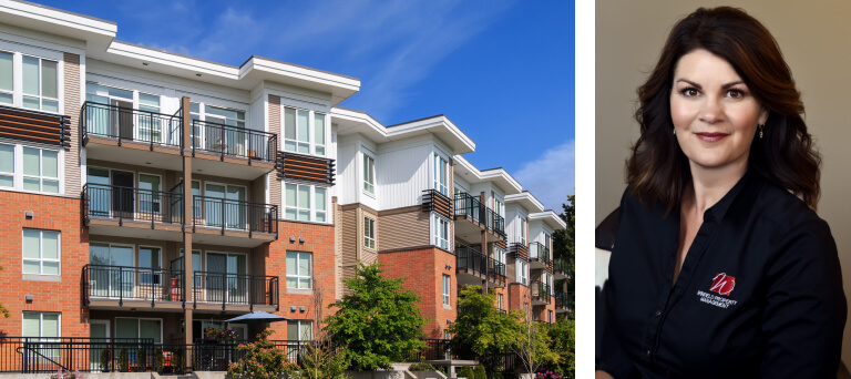 Apartment units & a separate headshot image of Amy Bors, Winfield Property Management President.