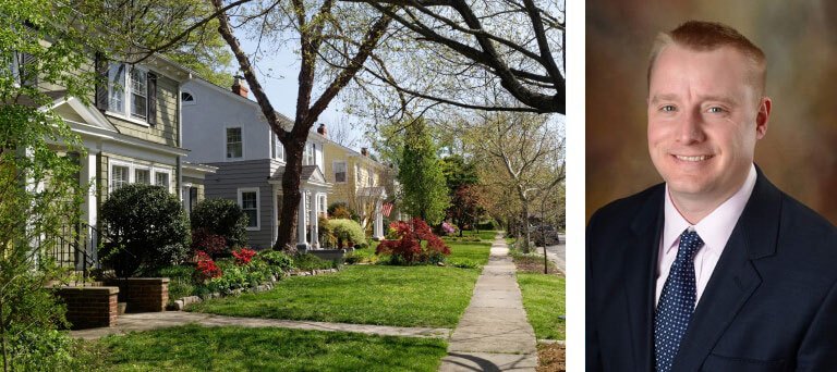 Sidewalk by 3 houses & separate headshot image of Duke Dodson, CEO of Dodson Property Management.