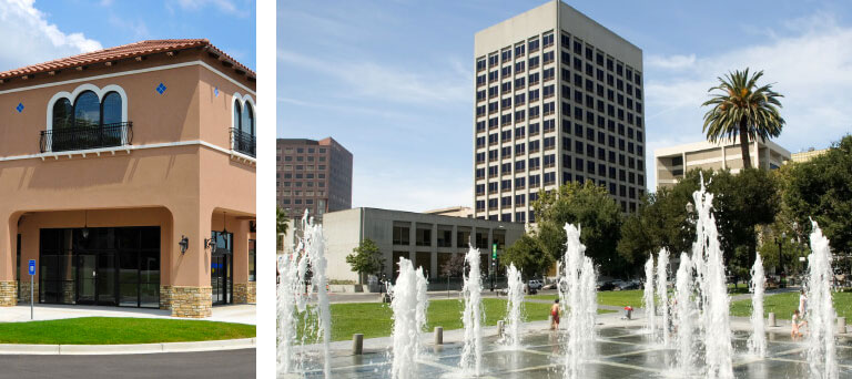 2-story commercial building & a separate image of city buildings behind a park with water fountains.