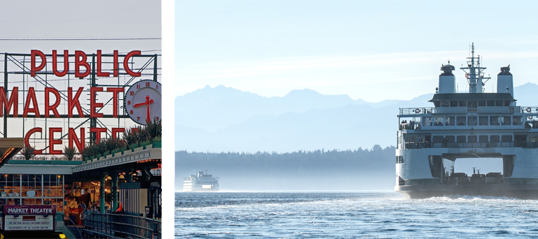 A Public Market Center sign & a separate image of two ferry boats with mountains in the distance.