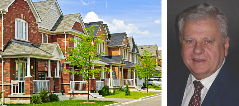 Row of brick houses & a separate headshot image of Rick Ebert of Austin Landmark Property Services.