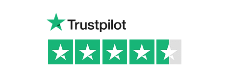 Trustpilot logo above a four star (out of five) rating, black font on a white background.